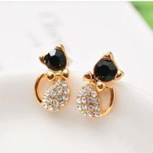 Gold Plated Black Crystal Cat Stud Earrings Women's Party Gift